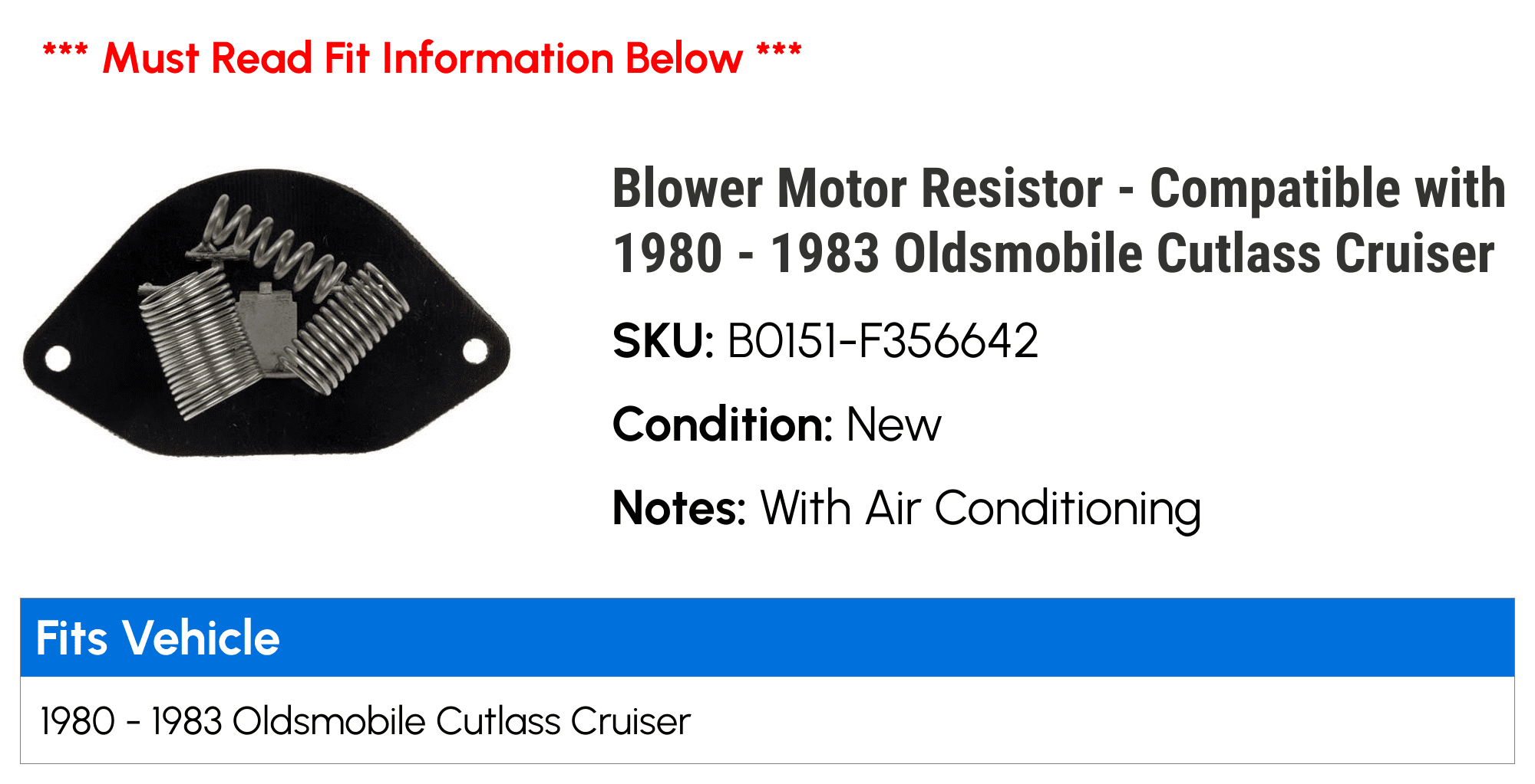 Blower Motor Resistor - Compatible with 1980 - 1983 Oldsmobile Cutlass Cruiser 1981 1982