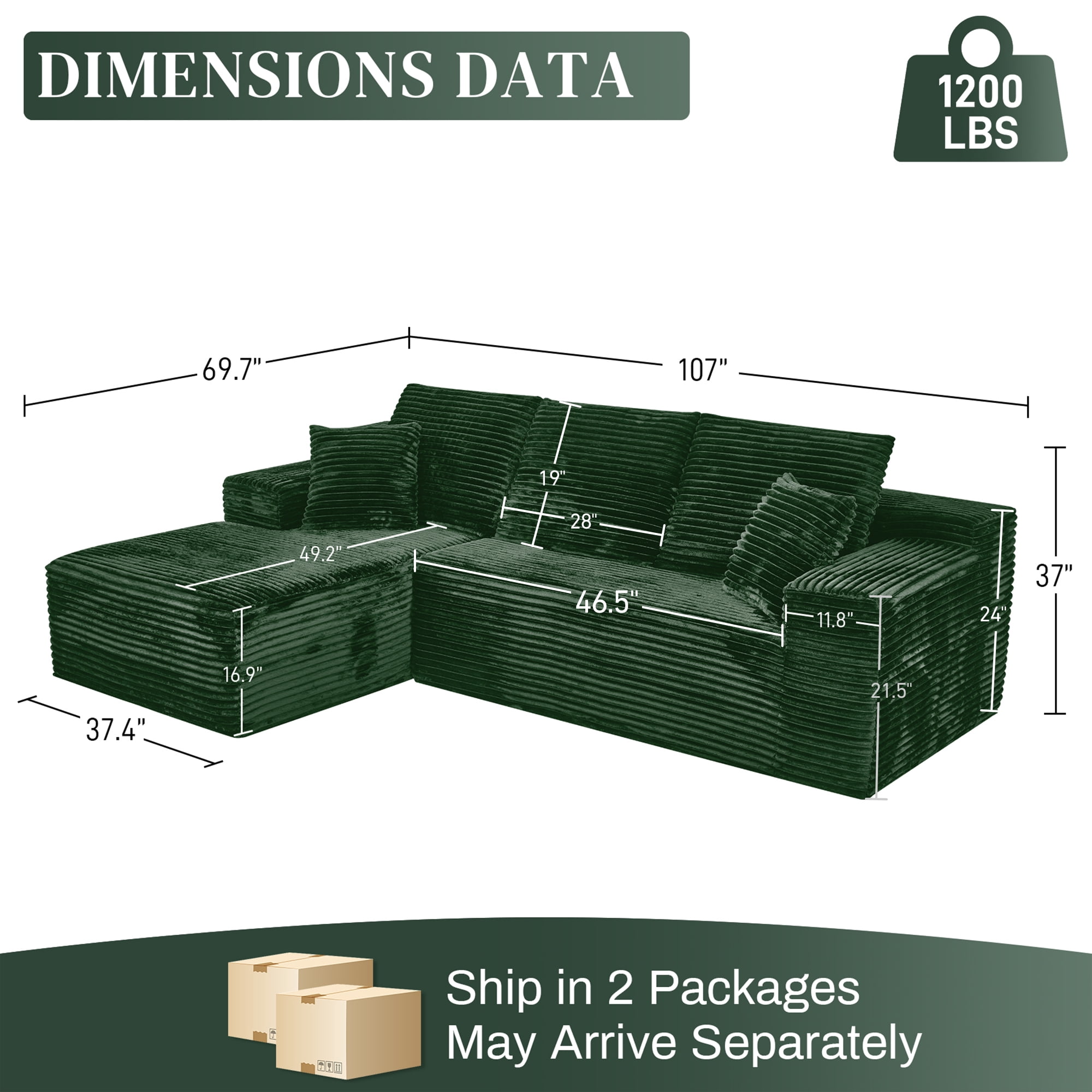 Aukfa 107" Cloud Modular Sectional Couch with Left-Facing Chaise, Corduroy Deep Seat Boneless Sofa for Living Room, Apartment, Emerald