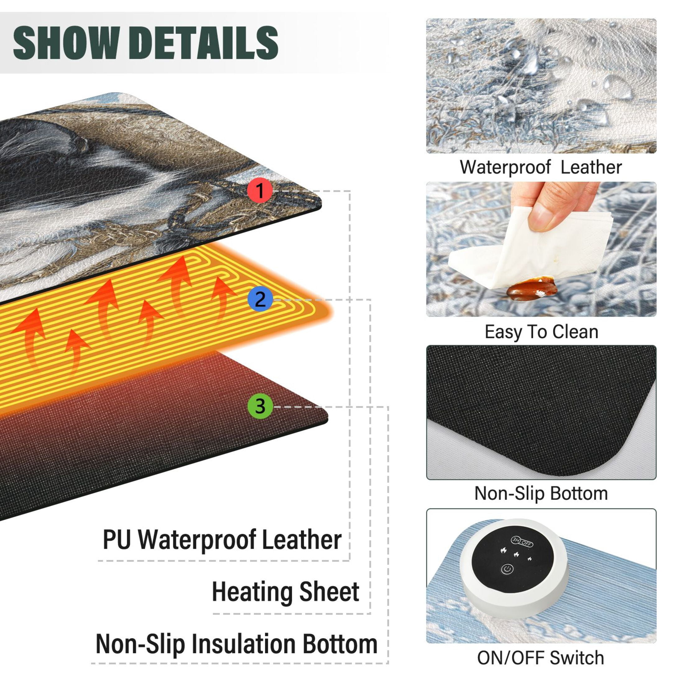 Large Heated Desk Mat Mouse Pad 31.5"x13"PU Leather Graphene Heating Desk Warmer with 3 Temperature Settings 110V US Plug Non-Slip Warm Pad for Home, Office, and Gaming Rich Cat Trader