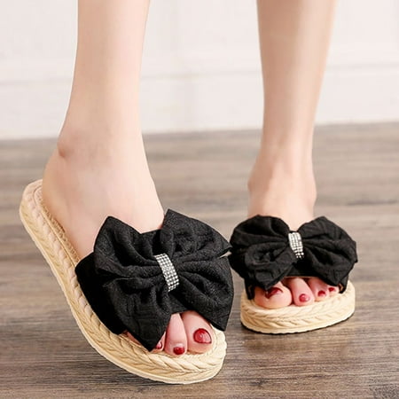 

YTJX Fashion Spring And Summer Women Slippers Straw Espadrille Bow Rhinestones Flip Flops Beach Flat Bottom