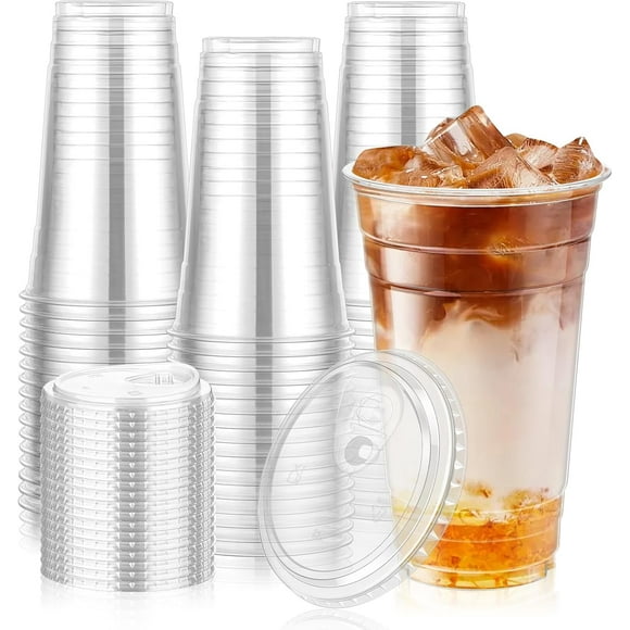 missunny-100 Pack 24oz Clear Plastic Cups with Strawless Sip Lids, Disposable Iced Coffee Cups with Lids for Party, Plastic to Go Cup for Cold Drinks Smoothie Milkshake Soda Wedding Events Catering