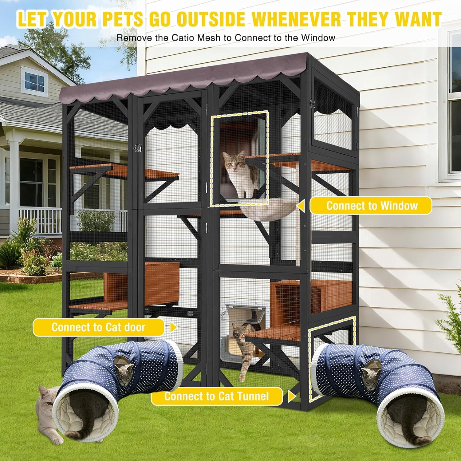 Aivituvin Catio Large Cat House Outdoor Walk in Outdoor Cat Enclosure Indoor Cage Kitty Condo Playpen with Door, Platform, Scratch Post, Hammock - Black