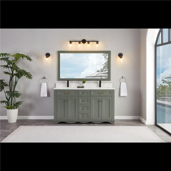 Legion Furniture WS2514-60-PG 60 in. Pewter Green Finish Solid Wood Sink Vanity, 1 ft. Artificial Stone Top