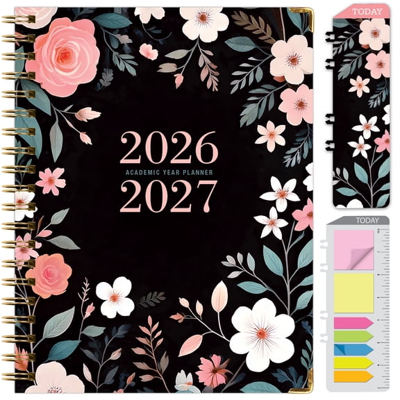 2026-2027 Excello Brands 8.5" x 11" Academic Year Hardcover Fashion Planner, Weekly/Monthly, 14 Month, Black Floral Pink