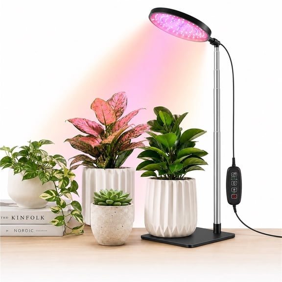 Grow Lights for Indoor Plants, 48 LED Full Spectrum Halo Lamp, 3 Modes, 10 Brightness Levels, 3/9/12H Timer, Adjustable Height with Base