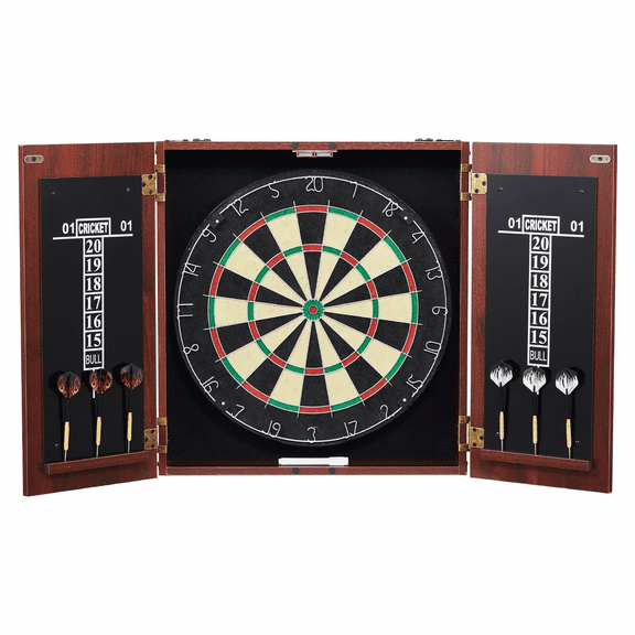 Dartboard Cabinet Set - Official Size Steel Tip Darts - Complete Accessory Kit - Retro Woodgrain Dart Board for Game Room