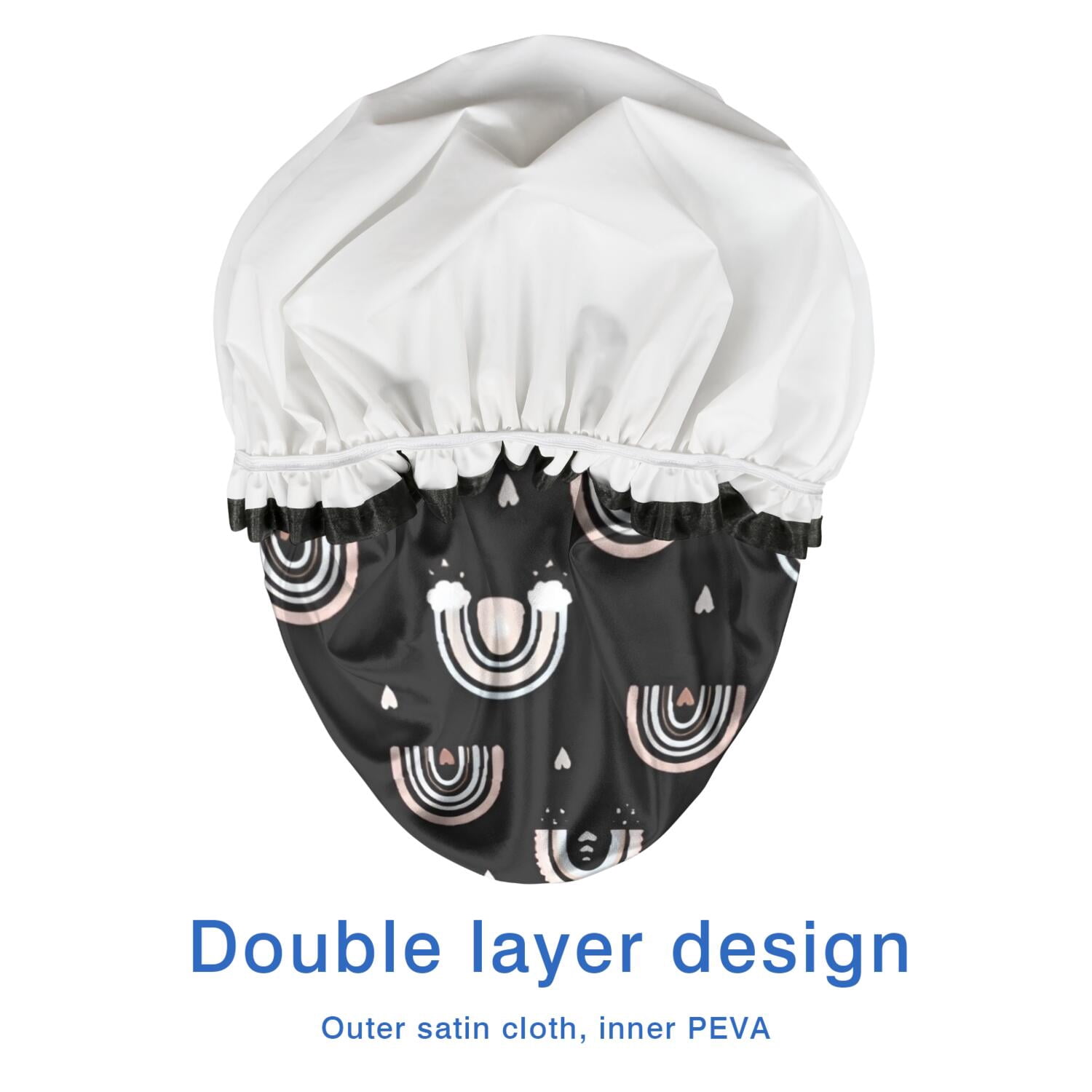 Shower Caps,Black Boho Bohemia Rainbow Hearts Pattern Waterproof Shower Cap for Women 4 Pieces,Double Reusable Hair Cover for Shower PEVA Elastic Stretch Hem
