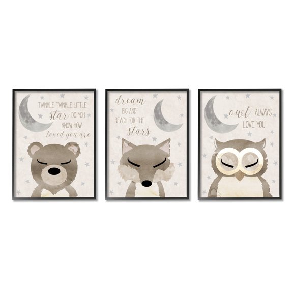 Stupell Industries Nighttime Animals & Lullabies Animals & Insects Painting Black Framed Art Print Wall Art, 11 x 14, Set of 3