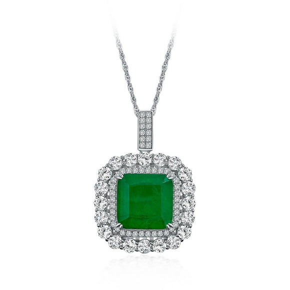 100% 925 Sterling Silver Vintage Emerald High Carbon Diamonds Gemstones Pendant Necklace Fine Jewelry