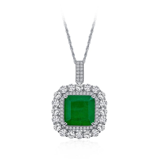 100% 925 Sterling Silver Vintage Emerald High Carbon Diamonds Gemstones Pendant Necklace Fine Jewelry