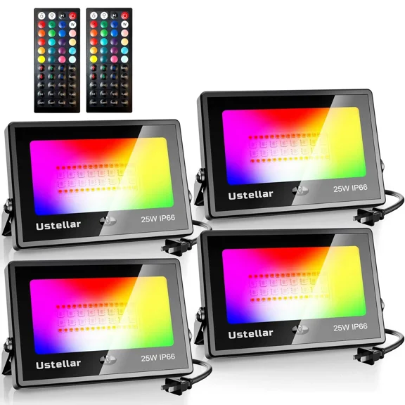Ustellar 25W RGB Color Changing Outdoor LED Flood Lights with IR Remote Control Party Exterior Uplighting Landscape Spotlight Floor Uplight Colored Floodlight Wall Washer LED Stage Lighting 4 Pack