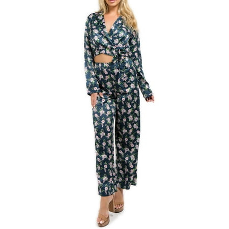 

Just Sexy Lingerie Women s Long Sleeve Wrap Top and Pant Sleepwear Set Navy