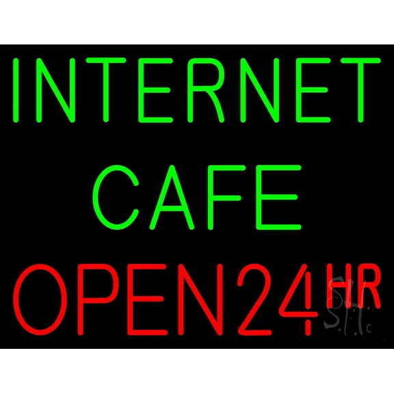Internet Cafe Open 24 Hr LED Neon Sign 15 x 19 - inches, Clear Edge Cut Acrylic Backing, with Dimmer - Bright and Premium built indoor LED Neon Sign for Computer & Electronics store decor.