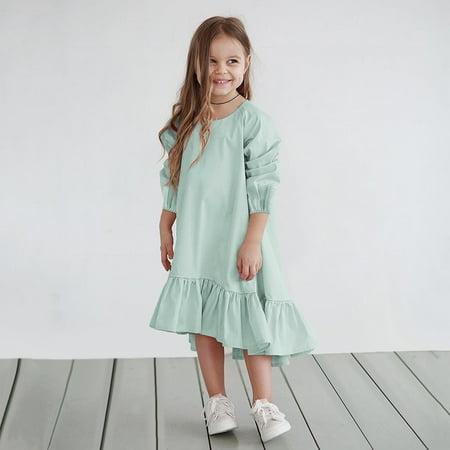 

FZM Christmas Kids Little Girls Daily Dress Autumn Long Sleeve Solid Irregular Princess Dress Ruffle Casual Party Dresses Outfits Clothes