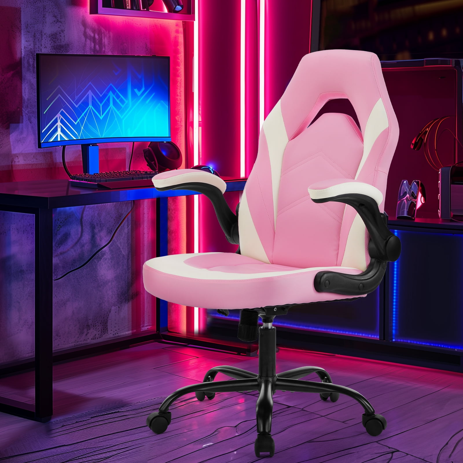 GIANNA Computer Gaming Desk Chair, Ergonomic Office Executive Adjustable Swivel PU Leather Racing Chair with Flip-up Armrest, Pink White