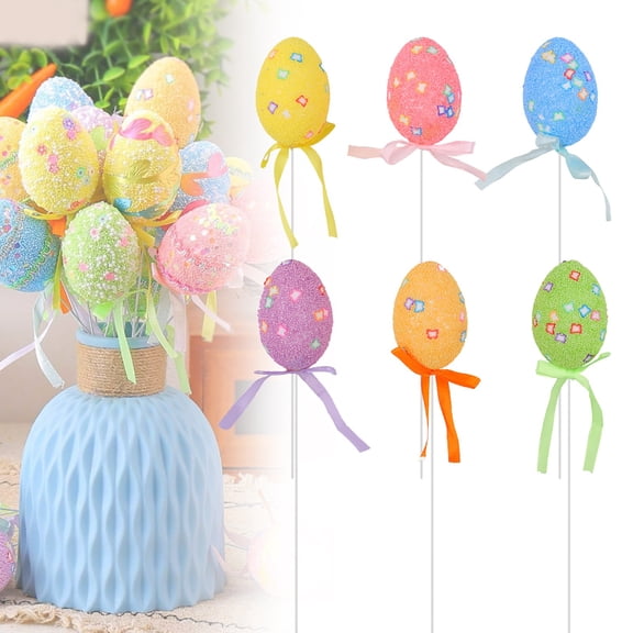 6Pcs Easter Eggs Picks for Vase Filler Artificial Easter Egg Picks Glitter Easter Eggs for Diy Bouquet Spring Table Decorations Flower Arrangement Home Decor,Easter Decorations, Decorated Eggs