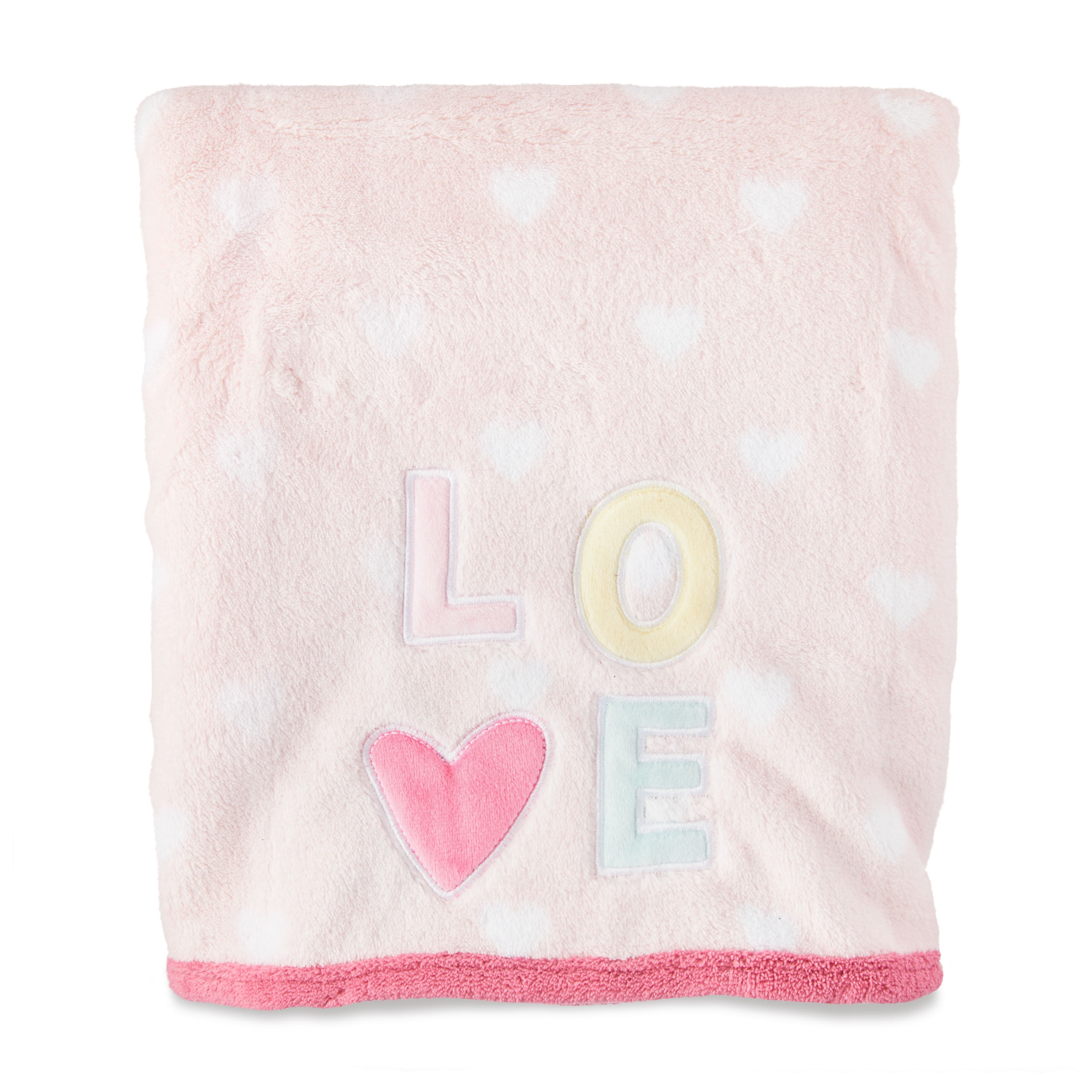 Parent's Choice Pink & White Love Appliqued Plush Baby Blanket, Infant Girl, 30" x 40"