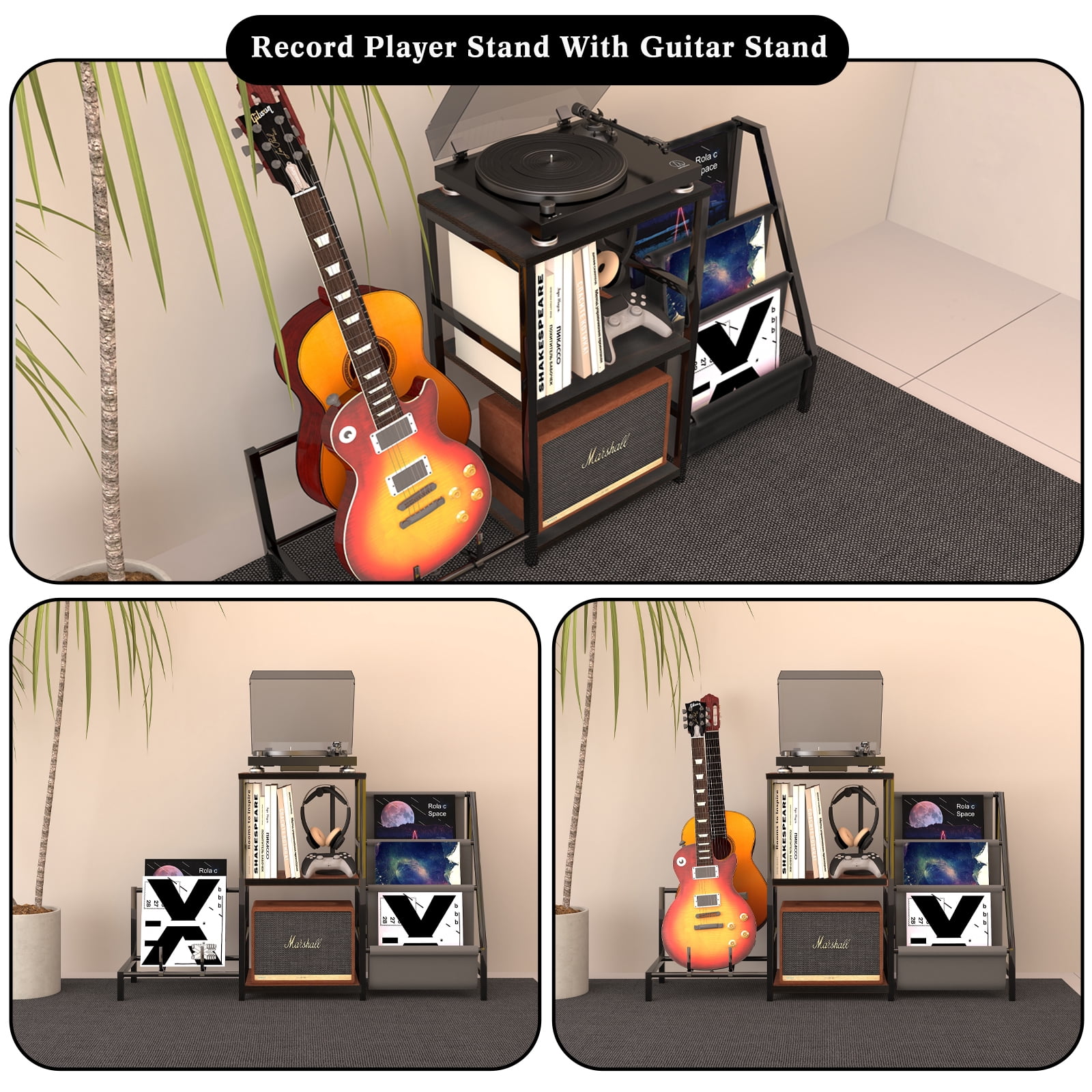 EASTROCK Guitar Stand & Record Player Stand with 3-Tier Vinyl Storage & Amp Stand for Music Room/Studio,Metal Shelf and Wooden Boards