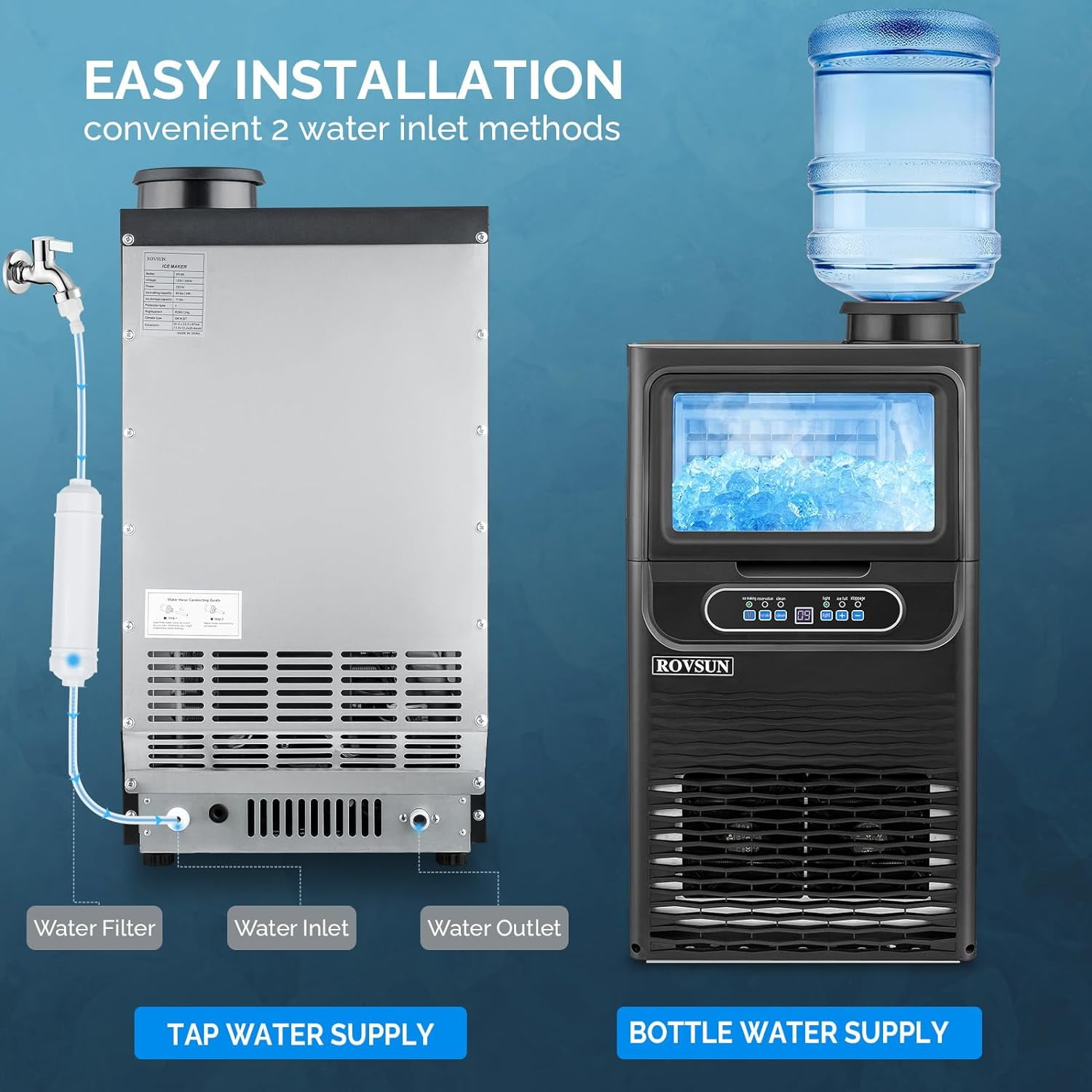 ZOKOP 70LBS/24H Ice Maker Machine with 2 Water Inlets, Freestanding/Countertop Ice Machine with 11lbs Storage Bin, Ice Scoop & Water Filter for Home Office Light Commercial Restaurant Bar Cafe Use