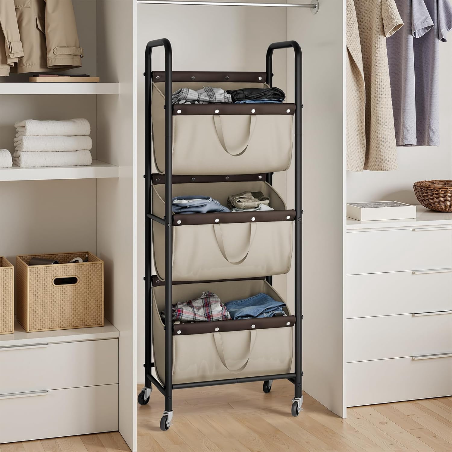 GRANNY SAYS 3-Tier Laundry Basket with Wheels, 120L Rolling Laundry Hamper Sorter, Metal Frame Laundry Organizer, 3 Bin Removable Bags, Light Khaki