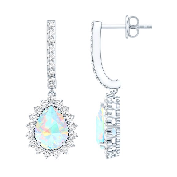Rosec Jewels Ethiopian Opal Drop Earrings with Moissanite (AAA Quality) 5x7 mm Teardrop Opal Bridal Earrings, 925 Sterling Silver