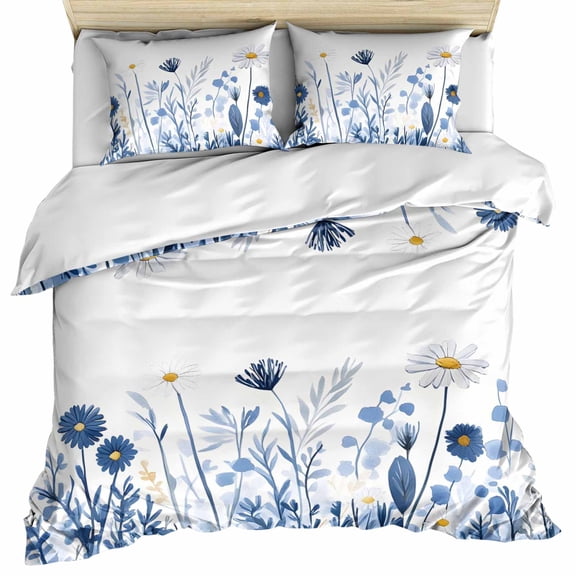 Blue Floral Spring Bedding 3 Piece Duvet Cover Set Twin Size, Summer Botanical Pastoral Soft Microfiber Comforter Cover with Zipper Closure & Pillowcases, Wrinkle & FadeResistant Quilt Cover