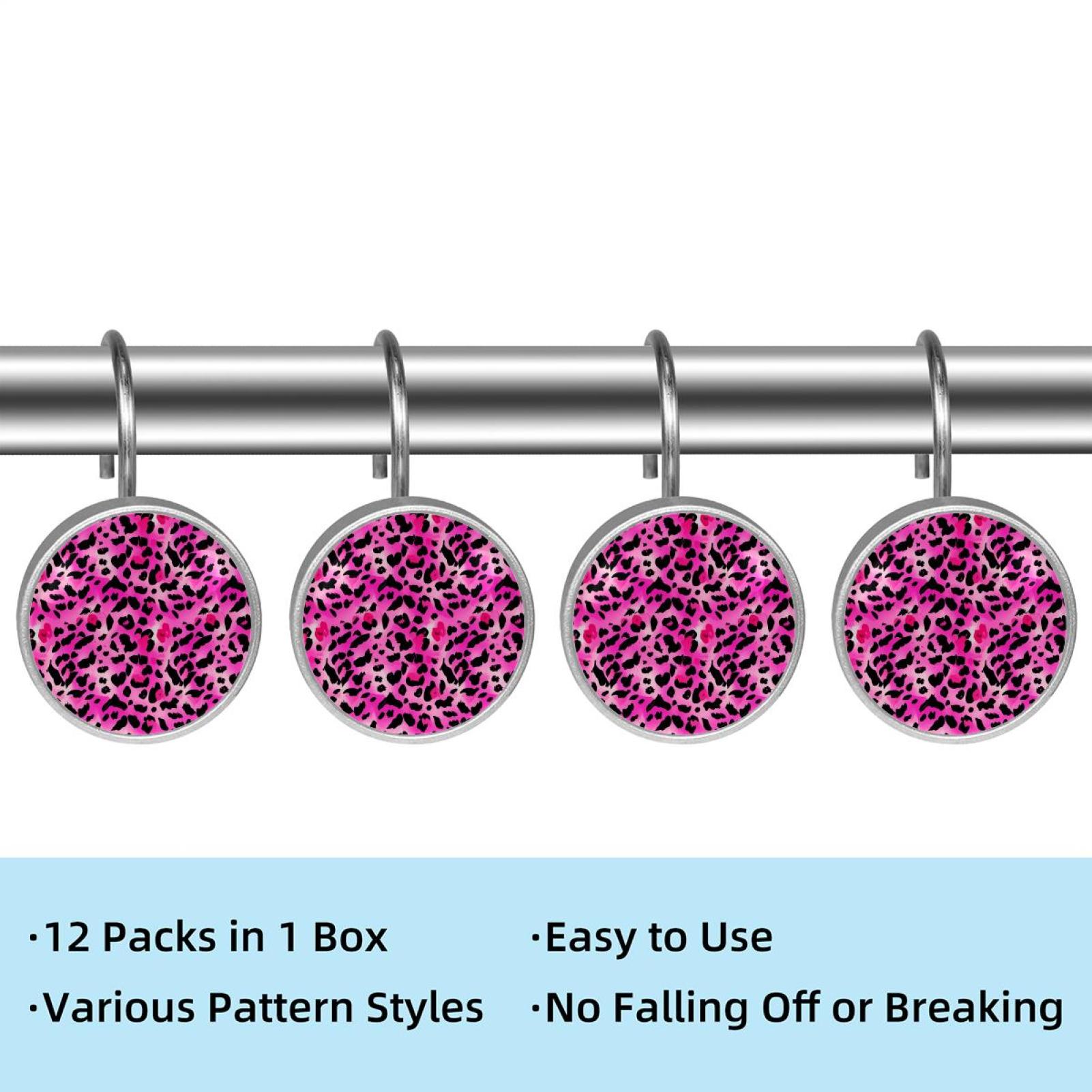 HemaKayy 12 Pcs Shower Curtain Hooks Bathroom Decorative Accessories Pink Kiss Leopard Pattern