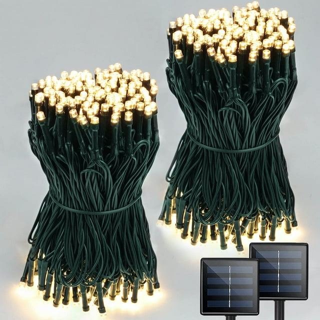 Paquete de 2 luces solares súper largas cada una de 85 pies para exteriores, 480 LED, luces solares navideñas extrabrillantes, cable verde impermeable para exteriores, 8 modos de luces solares para de
