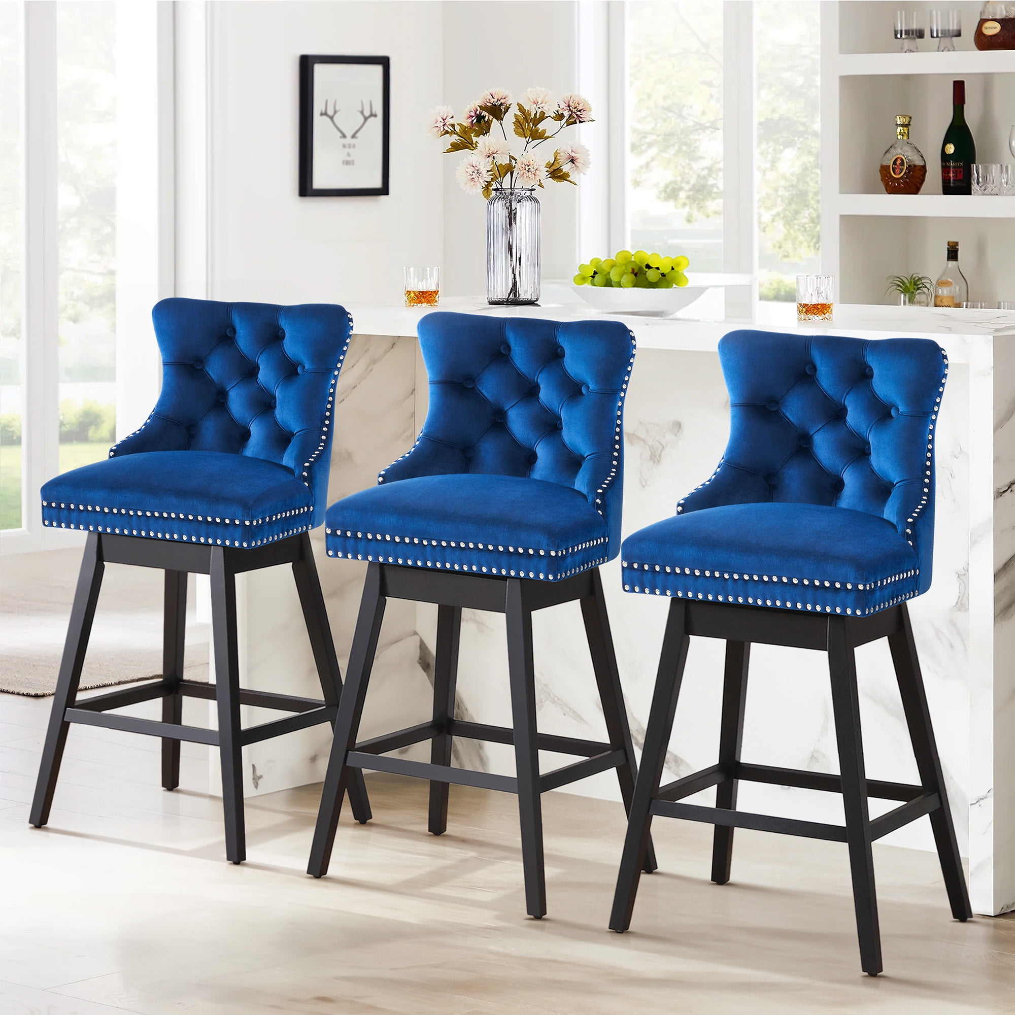 TEWLOSS Counter Height Bar Stools Set of 3 Swivel 26" Velvet Barstools for Kitchen Island, Blue