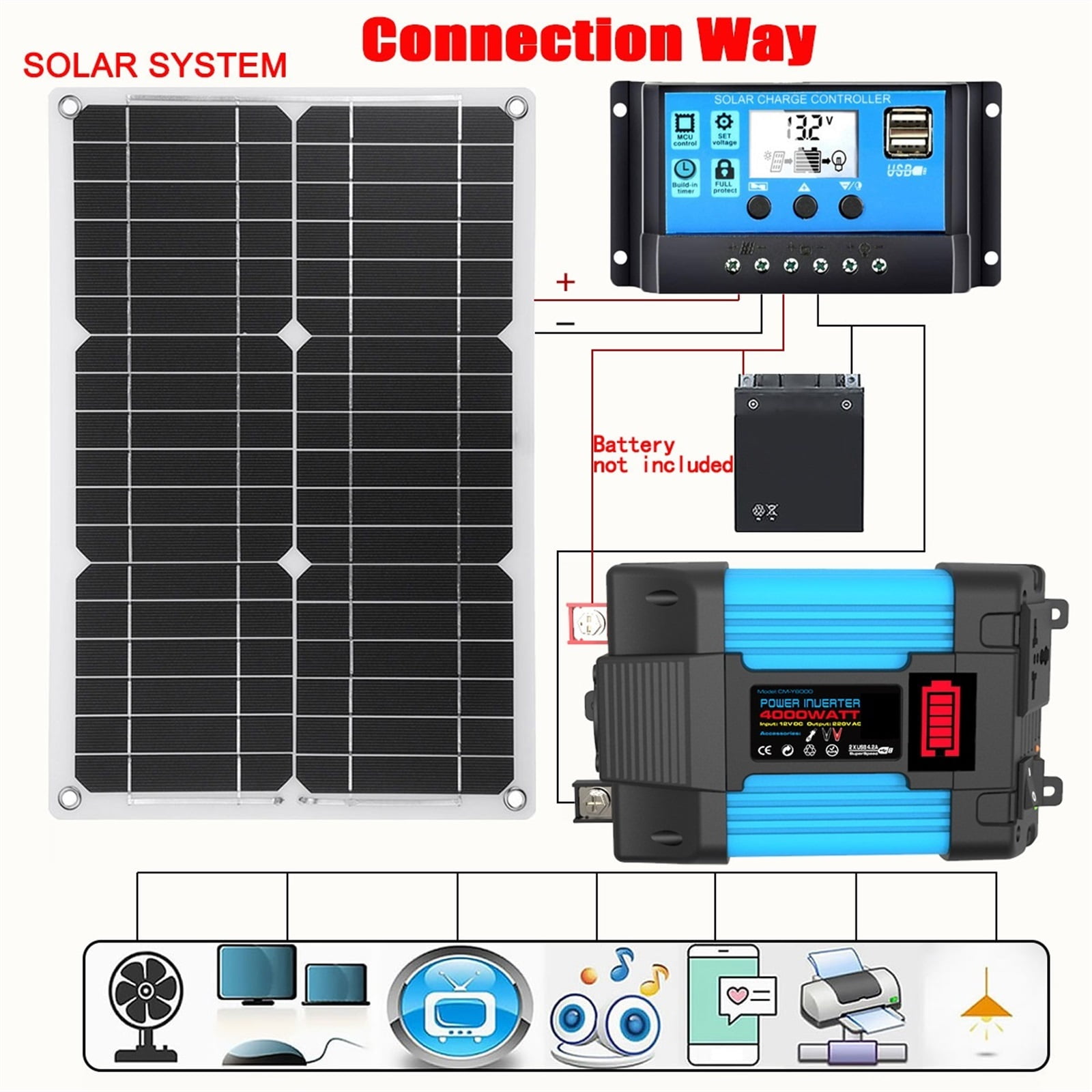 110-220 Solar Battery Inverter 4000W/6000W Solar Panel 18W Controller LED Display Solar Inverter Battery Smart Charging Board ,Powerful Output