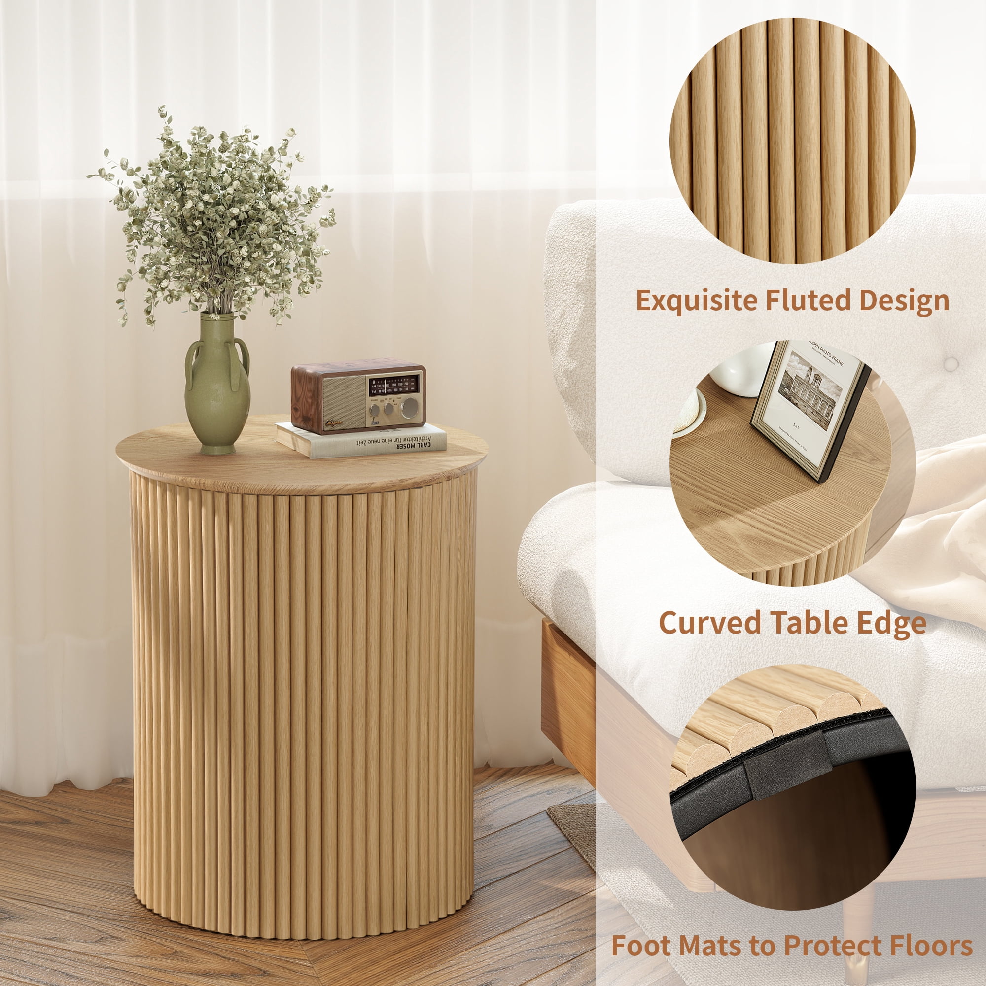 YOCWO Small Round End table for Living Room with fluted Design, Circle Bedside Table for Bedroom, Natural