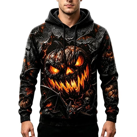 JIAYUE Men Halloween Hoodie Pumpkin Graphic Vintage Wash Drawstring Hood Long Sleeve Loose Sweatshirt for Casual Party