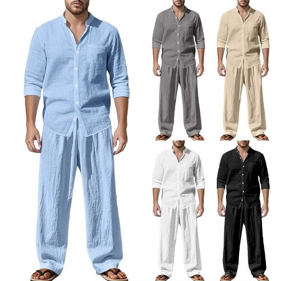 Men 2 Piece Linen Set Outfits Long Pants Button Down Roll Up Sleeve Shirts Beach Wedding Suit Sets Shirts and Pants Matching Sets