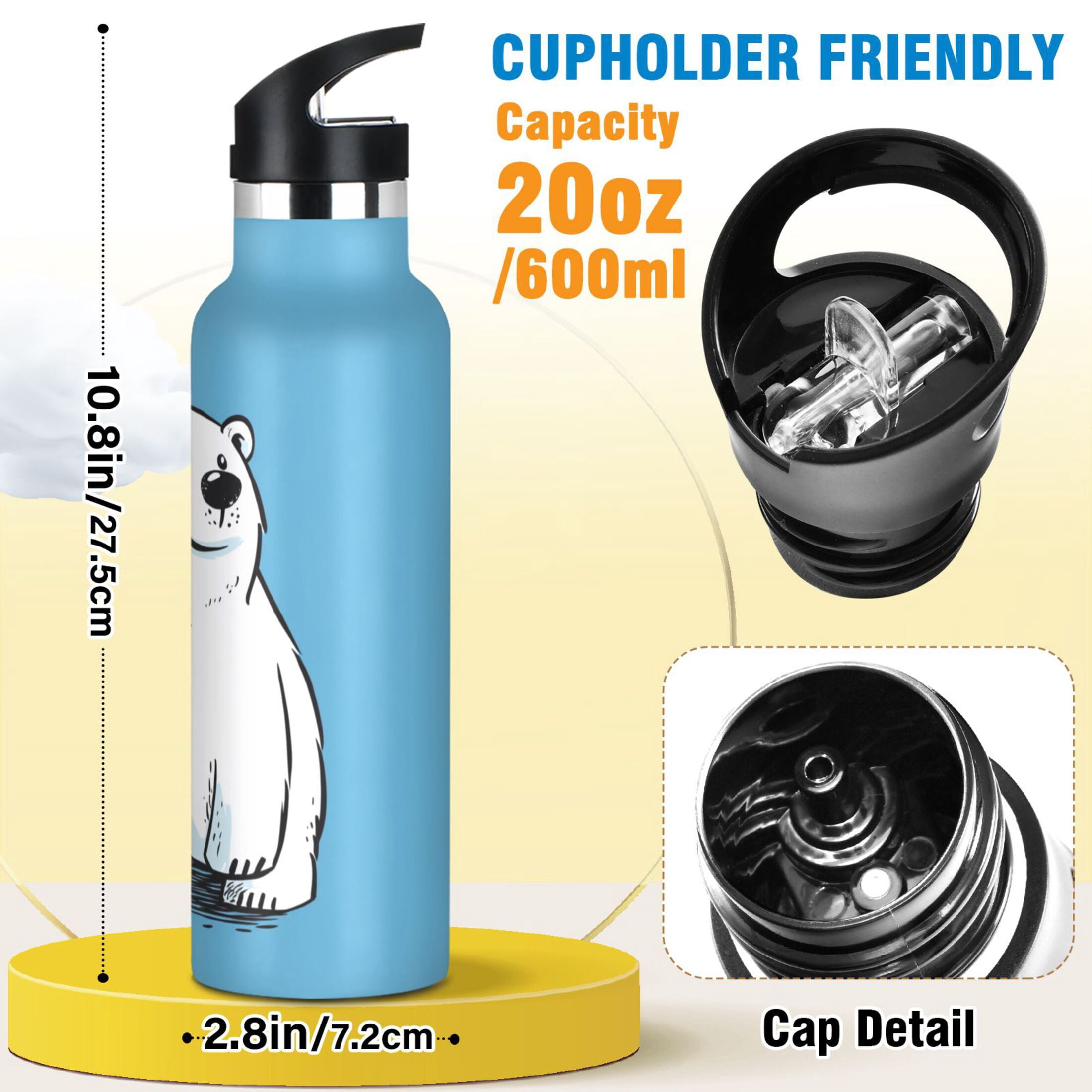 Kids Insulated Stainless Steel Sports Water Bottle 600ml (20oz), BPA-Free White Polar Bear