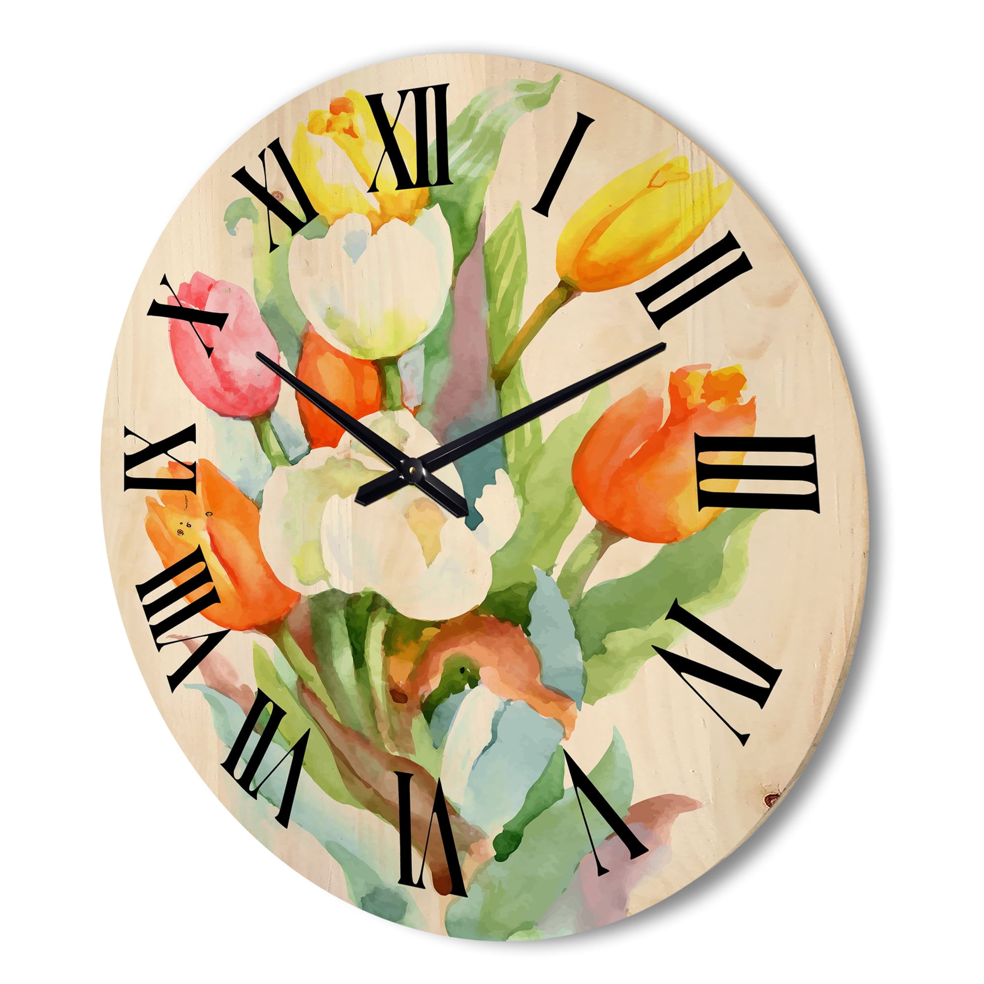 Designart 'Blooming Orange and White Tulips Flower' Traditional Wood Wall Clock