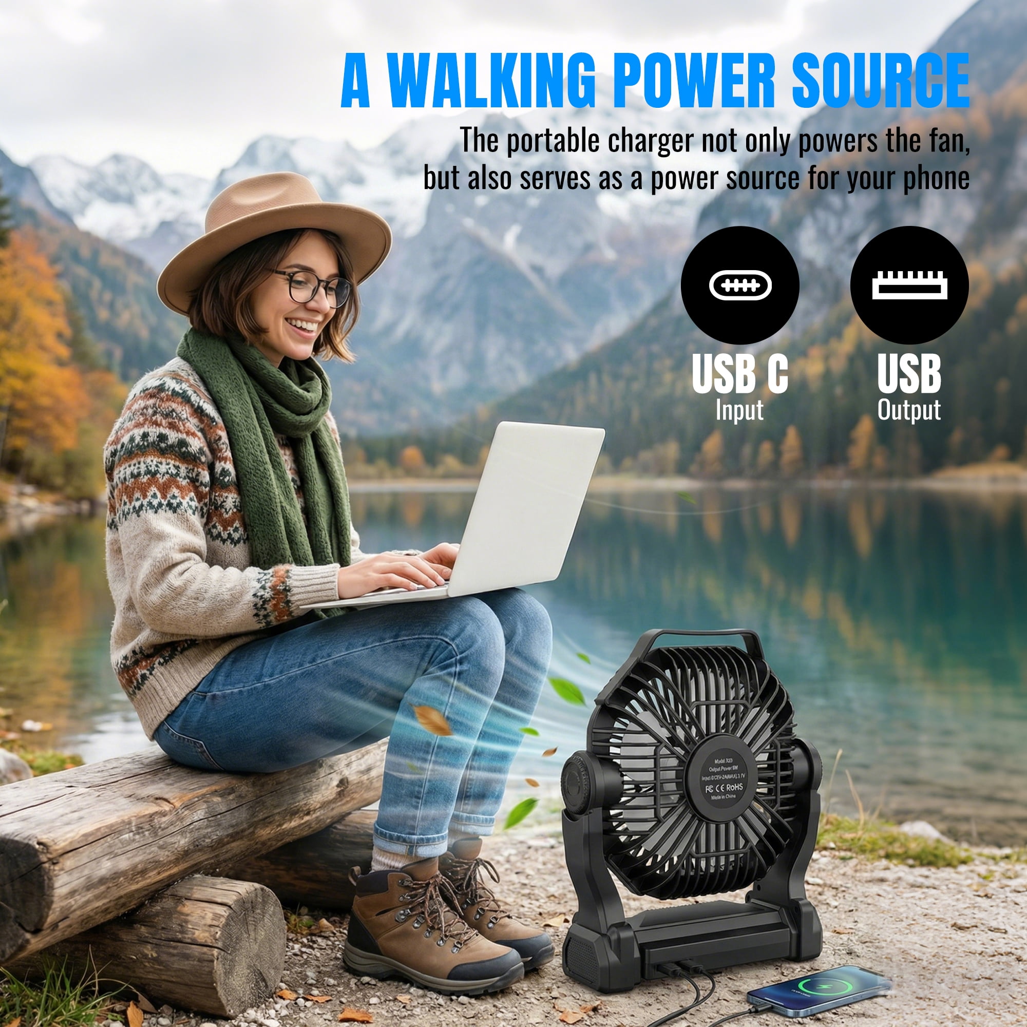 DAYBETTER Camping Fan with LED Lantern, Oscillating Portable Rechargeable Fan Light with 4 Speeds, Timer Touch Control for Car Travel RV Camping Gear Hurricane Emergency Power Outage Essentials