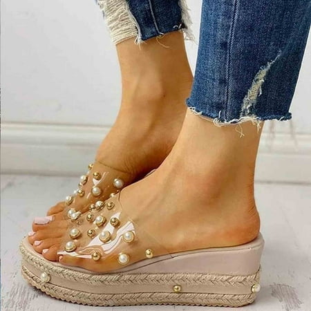 

PEASKJP Womens Sandals Summer Sandals Open Toe Rhinestone Platform Sandals Platform Wedge Sandals Beige 6.5