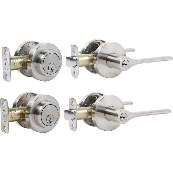 Keyed Alike Front Door Handle and Deadbolt Set, Roundness Heavy Duty Door Handle with Deadbolt Locks, Deadbolt Lock and Door Knob Set for Exterior Doors Satin Nickel, 2Pack