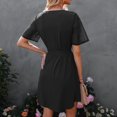 thumbnail image 3 of Vestido cruzado con nudo en la cintura, vestido informal de verano con manga corta y cuello en V para uso diario, vacaciones en la playa, negro M, 3 of 5