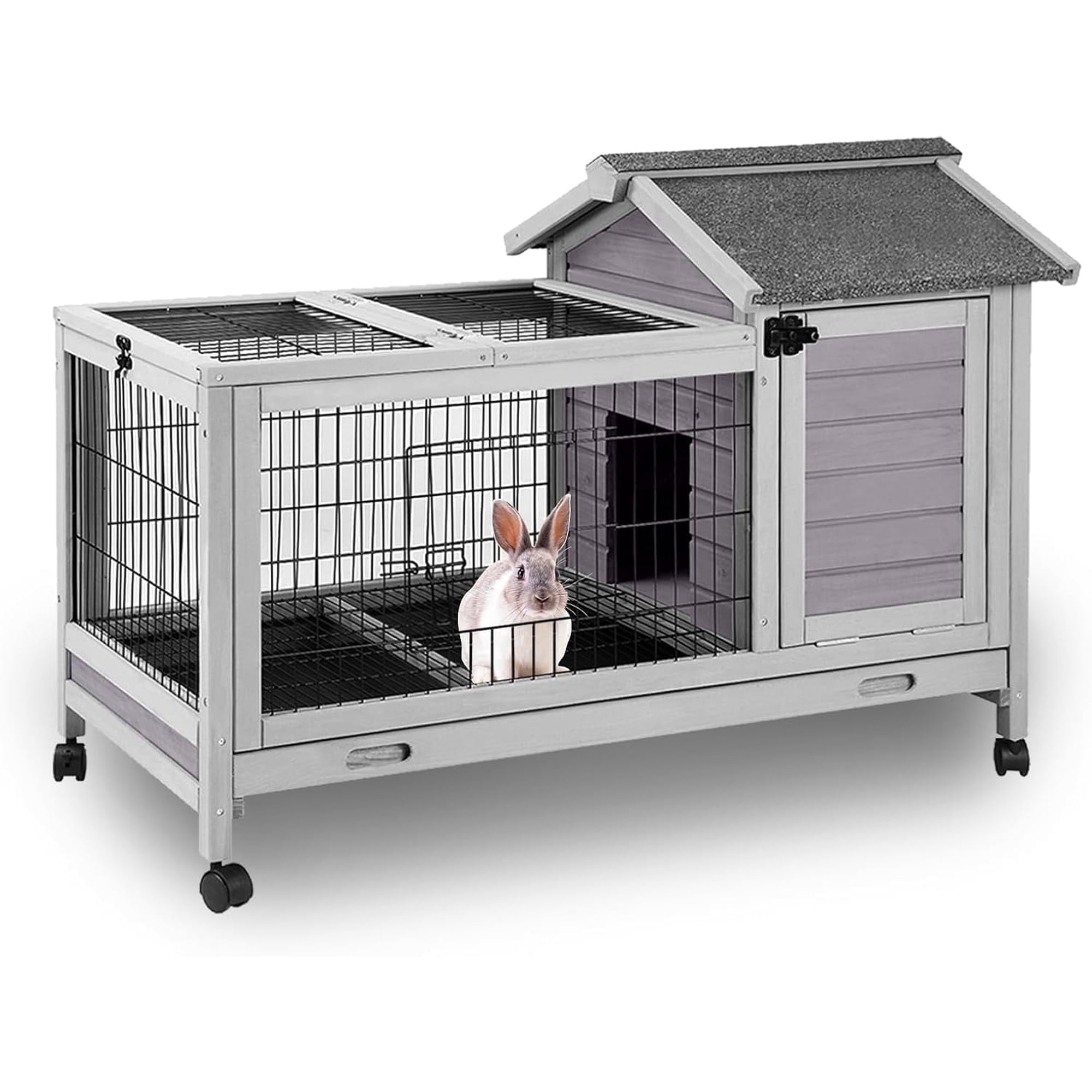 Aivituvin Indoor Rabbit Hutch with Leakproof Tray, Lockable Wheels & Wire Floor, Wooden Bunny Cage for 1-2 Rabbits