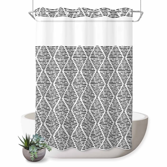 No Hook Shower Curtain, Black White Shower Curtains for Bathroom with See Through Top Window, Modern Abstract Art Farmhouse Waterproof & Washable Bath Curtain Extra Long 72"x96"