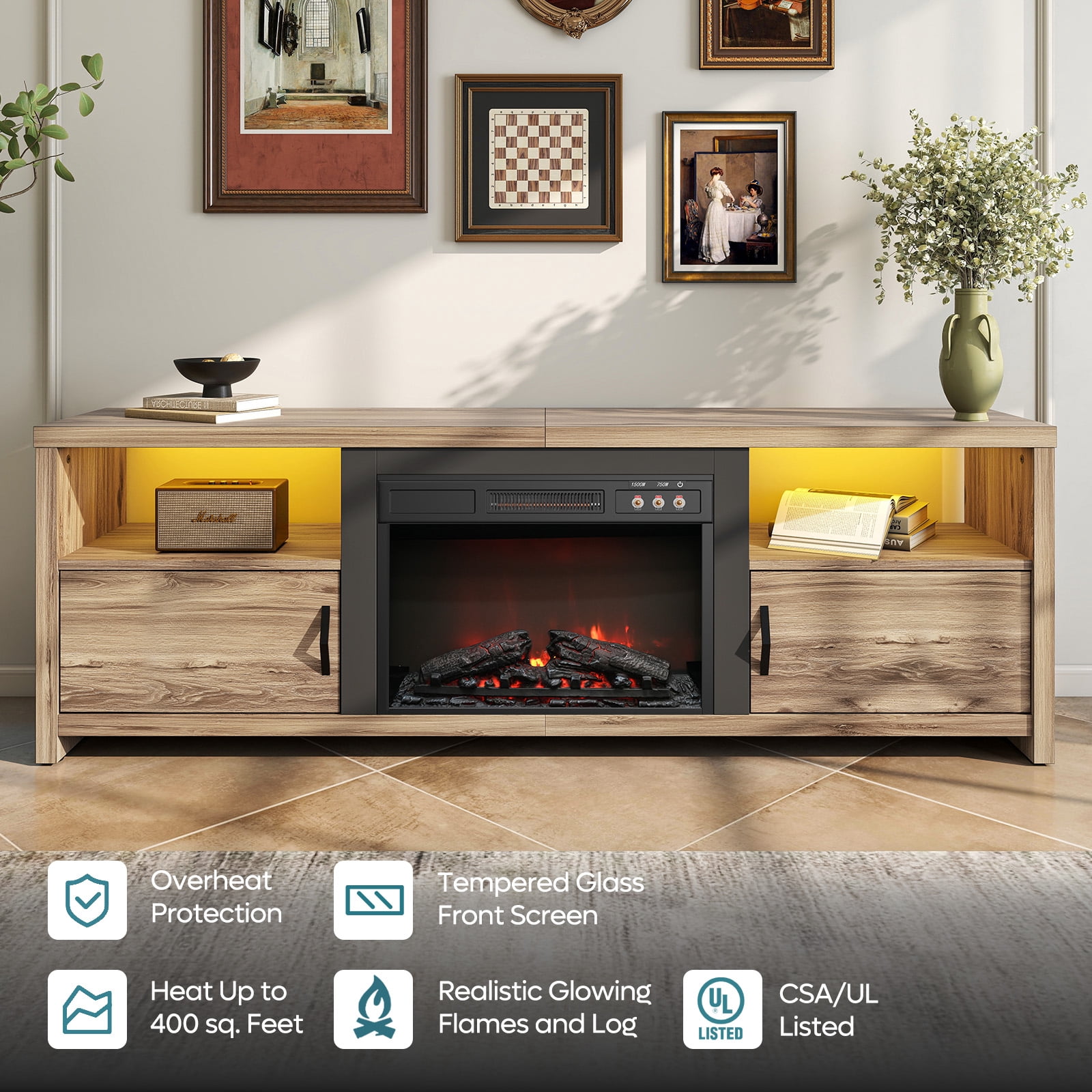 Bestier 71" Fireplace TV Stand for TVs up to 75" LED Entertainment Center with 23" Remote Control Electric Fireplace, Pinewood