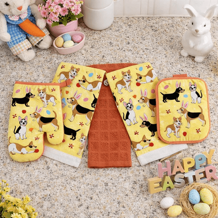 Serafina Home Spring Easter Kitchen Dish Towels Pot Holder Oven Mitt Set 5c: Cute Garden Gnome Ready for The Egg Hunt!