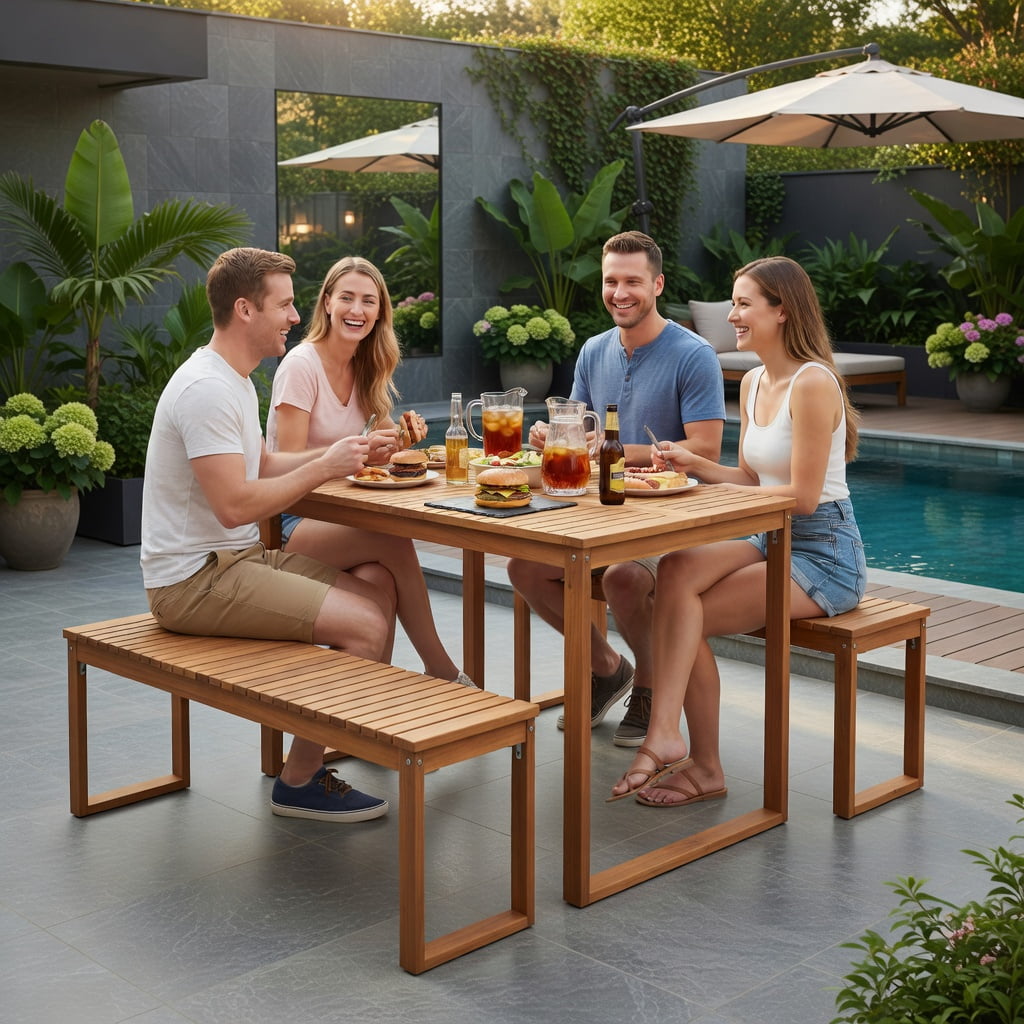 Hommoo Acacia Wood Outdoor Garden Bench Set of 2, Slatted Seat Patio Bench for Porch, Balcony & Backyard, Natural