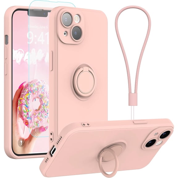 KOMI Silicone Phone Case for iPhone 14 with Screen Protector [Ring Holder Stand] [Wrist Strap] [Microfiber Lining] Slim Shockproof Protective Cover, 6.1 Inch, Pink