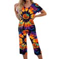 thumbnail image 3 of Women's Halloween Loungewear Set Short Sleeve V Neck Top and Capri Pants Tie Dye Pumpkin Pattern Relaxed Fit Sleepwear Pajama Set for Home Party Daily Wear Purple Pink 3XL, 3 of 6