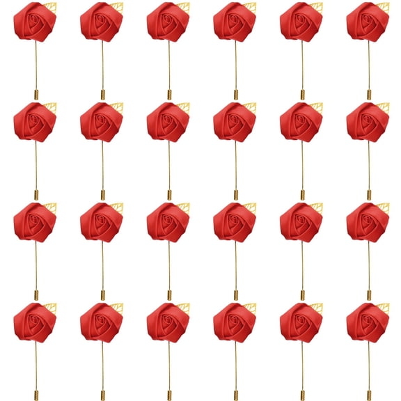 24 Pcs Red Rose Boutonnière Pins, Polyester Flower Lapel Pin with Alloy Leaf for Men's Wedding Suits, Groom Bow Ties, Best Man Decorations, Prom Ceremonies, Anniversary Events