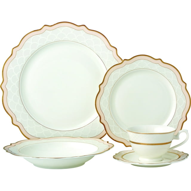 20-pc. Dinner Set Service for 4, 24K Gold-plated Luxury Bone China Tableware ("First Blush" 6664-20)