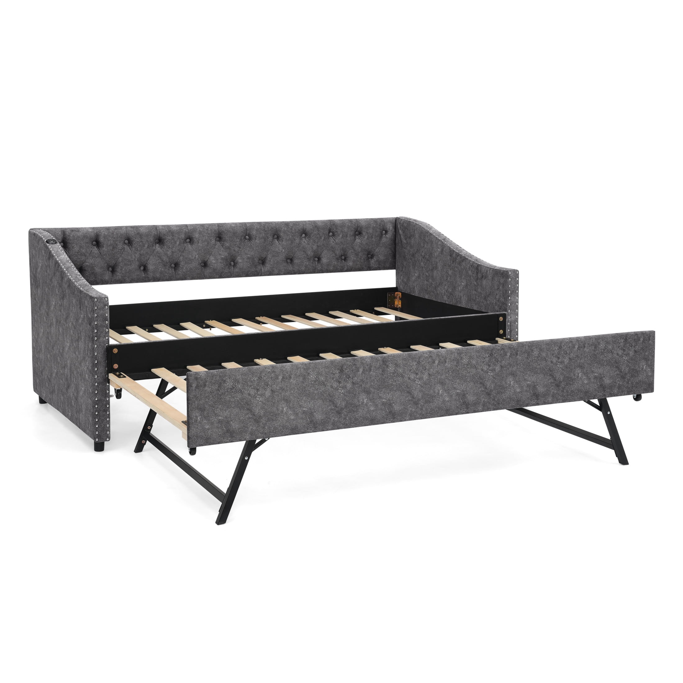 Noble House Liza Twin Size Upholstered Tufted Daybed, Extendable Pull-out Double Bed Frame with Charging Port, Grey