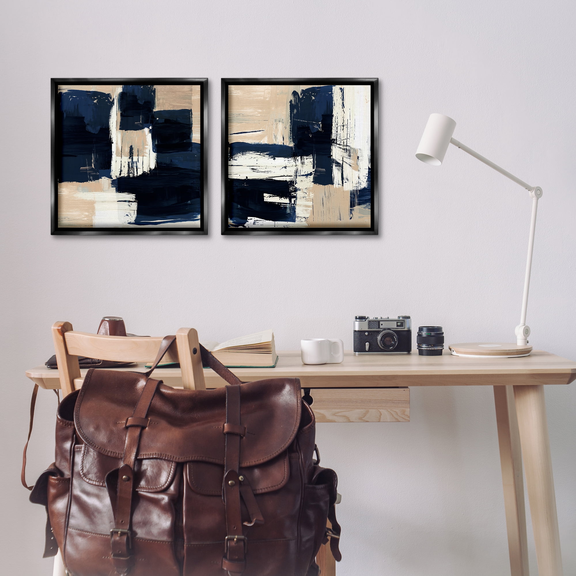 Stupell Industries Abstract Navy Neutral Abstract Painting Black Floater Framed Canvas Art Print Wall Art, 18 x 18, Set of 2